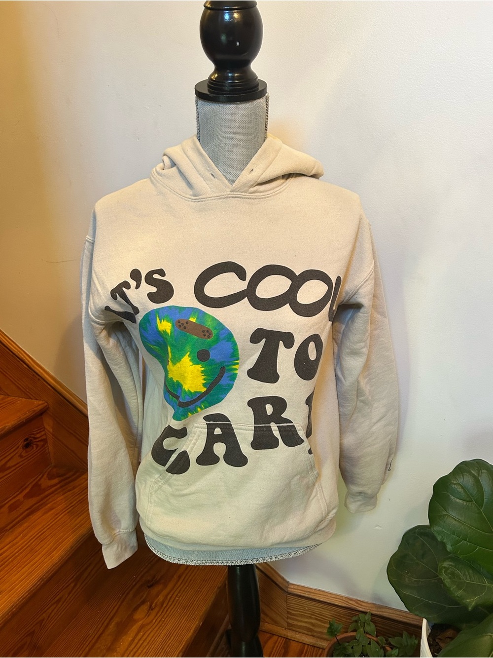 LONELY GHOST Cream Hoodie with Colorful Smiley Graphic